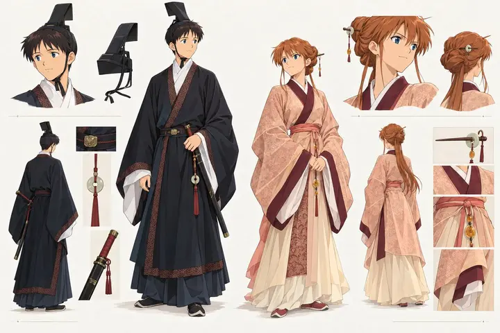 Anime Character Design Sheet: Traditional Hanfu Couple Nano Banana 2.1 example