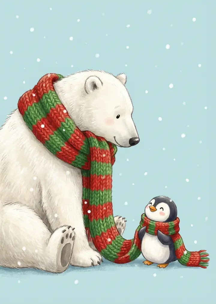 Polar Bear and Penguin Scarf Christmas Card example