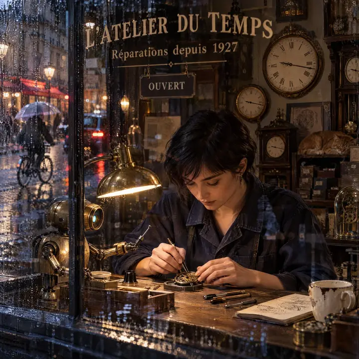 Rainy Paris Watchmaker Recomposition Nano Banana 2.1 example