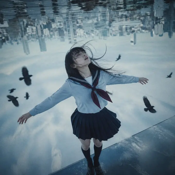 Upside-Down Sky Schoolgirl Nano Banana 2.1 example
